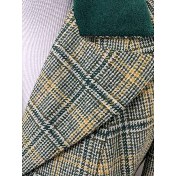 Vtg 60s Green Yellow Scottish Plaid Wool Blazer Skirt Suit Set Velvet Collar - Picture 6 of 9